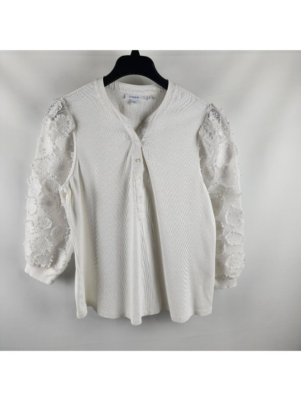 Chicos Blouse Womens 3=XL White Ribbed Textured Henley Floral Sheer 3/4 Sleeves